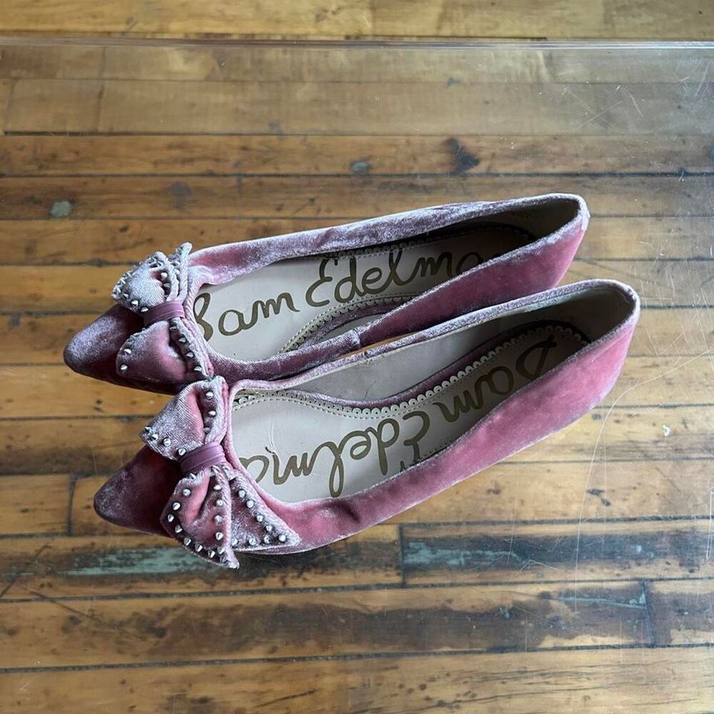 Sam Edelman Raisa Pink Blush Velvet Studded Bow Pointed Toe Flats 7 - Picture 2 of 6